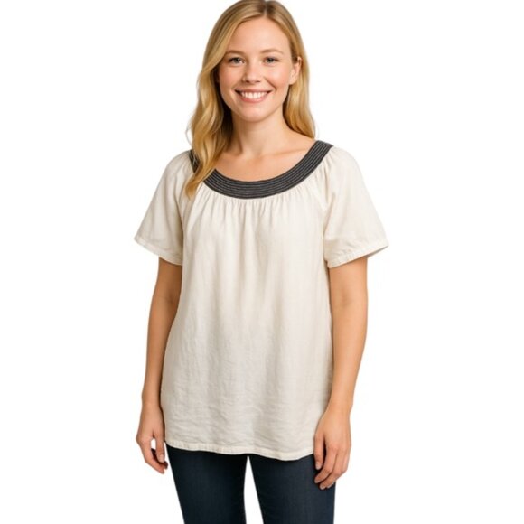 Garnet Hill Tops - Garnet Hill SZ 16 White Cotton Silk Scoop Neck Grey Neckline Short Sleeve Tunic